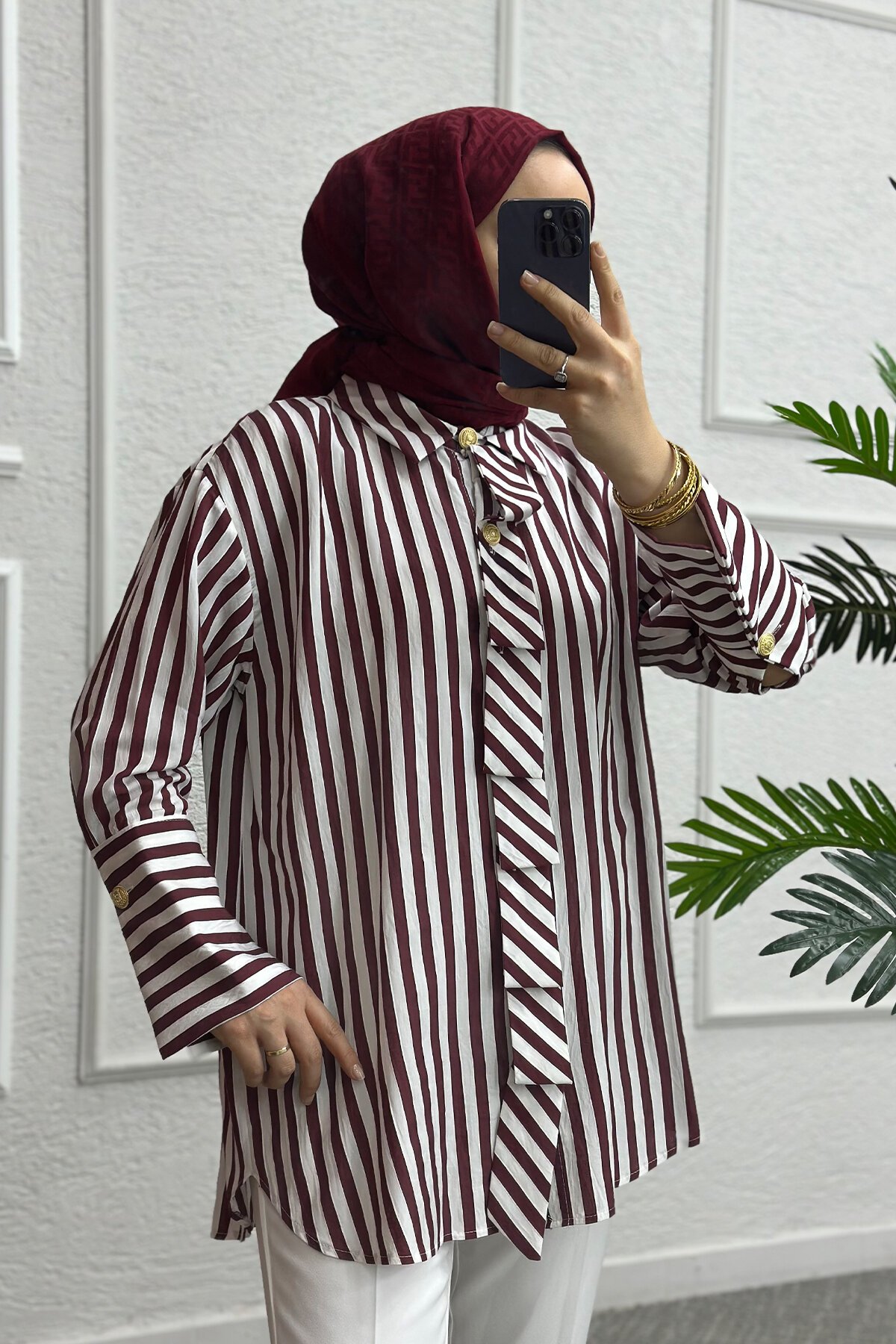 Bordo Çizgili Gömlek