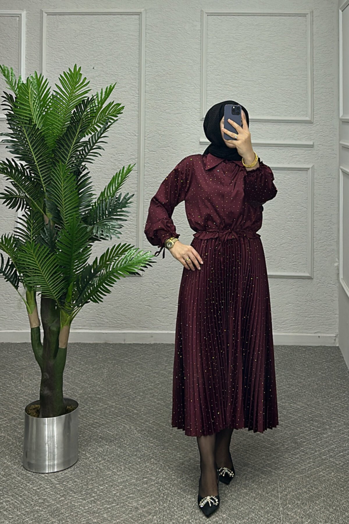 Bordo Yıldız Saten Etekli Takım