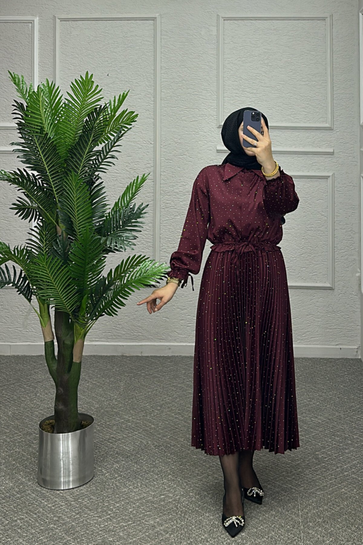 Bordo Yıldız Saten Etekli Takım