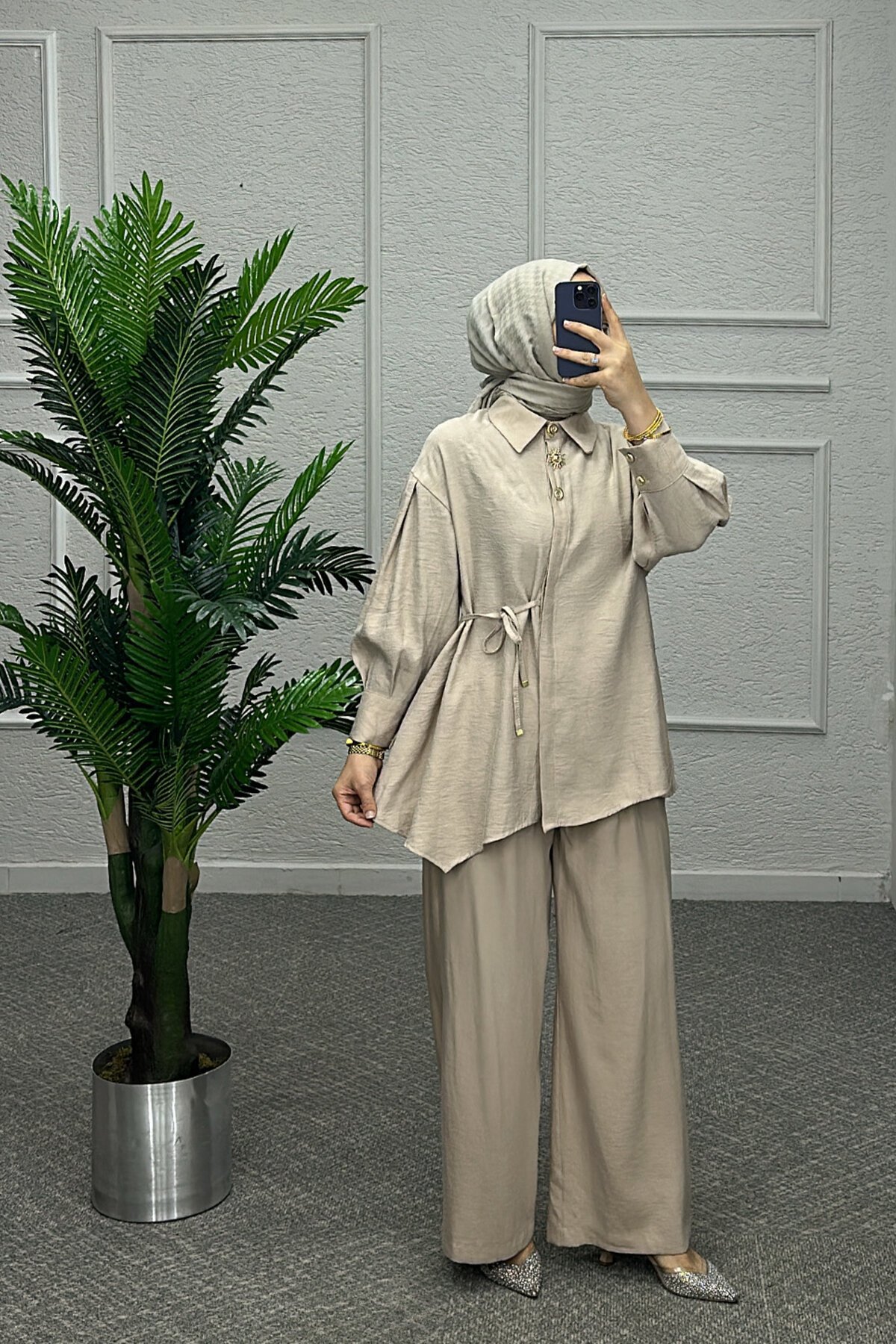 Krem İnem Pantolonlu Takım