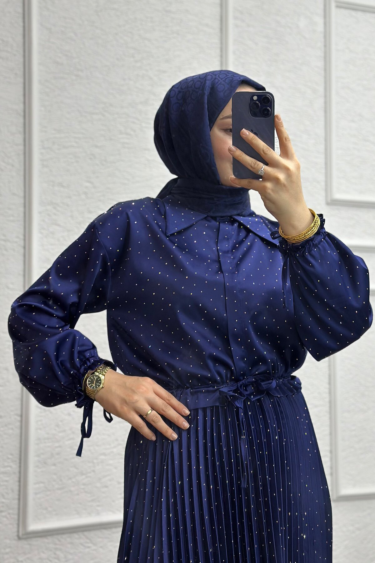 Lacivert Yıldız Saten Etekli Takım