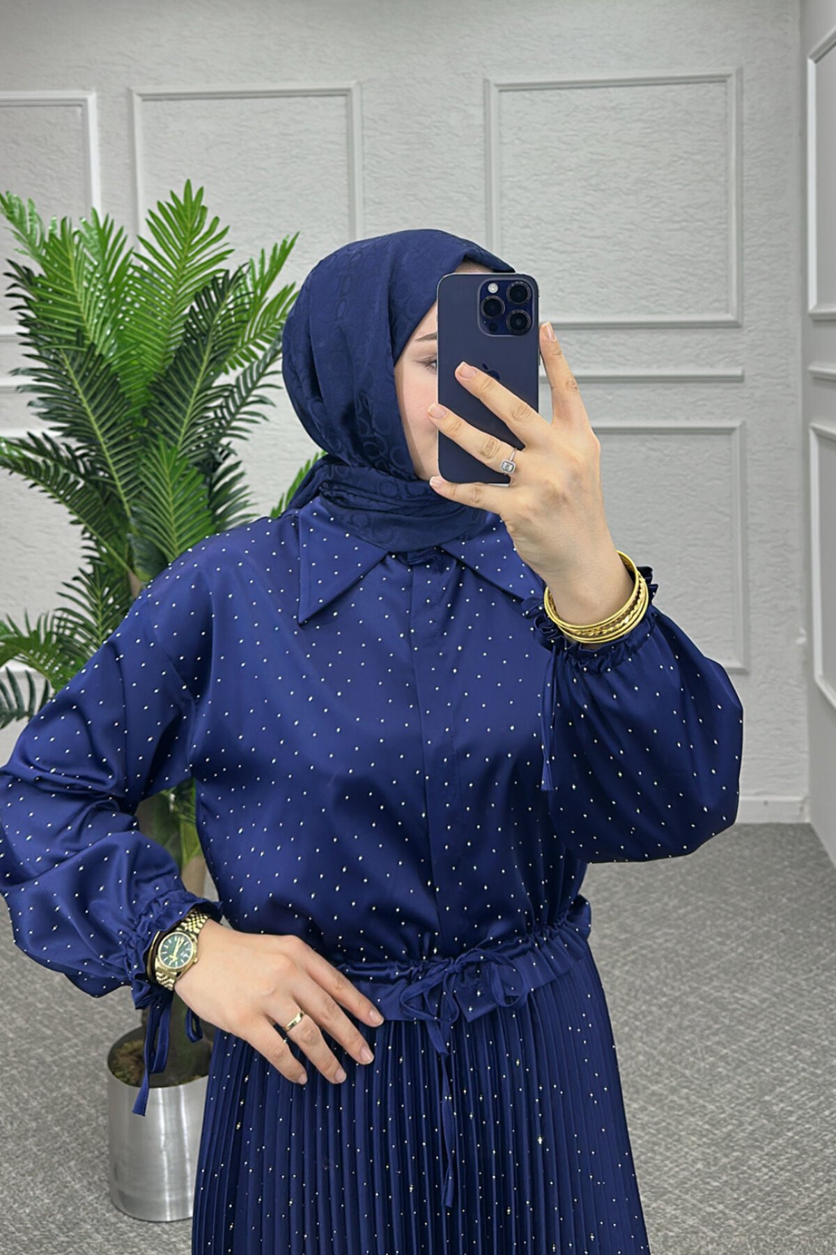 Lacivert Yıldız Saten Etekli Takım