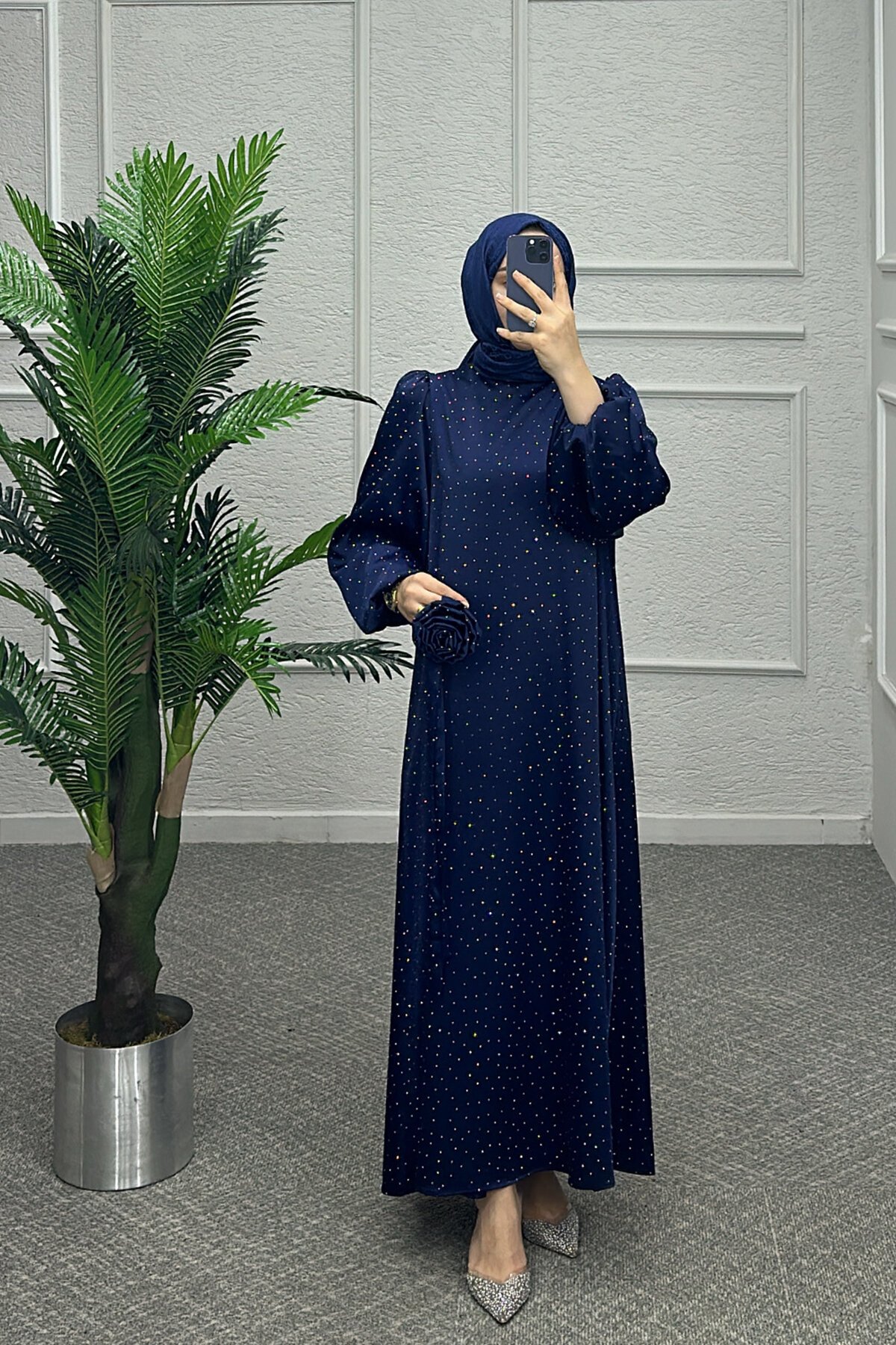 Yıldız Lacivert Saten Elbise