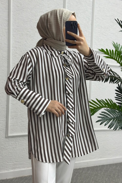 Kahve Rengi Çizgili Gömlek